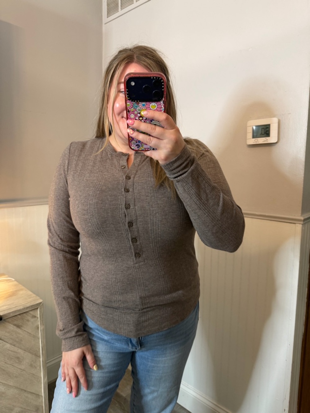 American Eagle Taupe Henley Ribbed Long-Sleeve Top Size XL